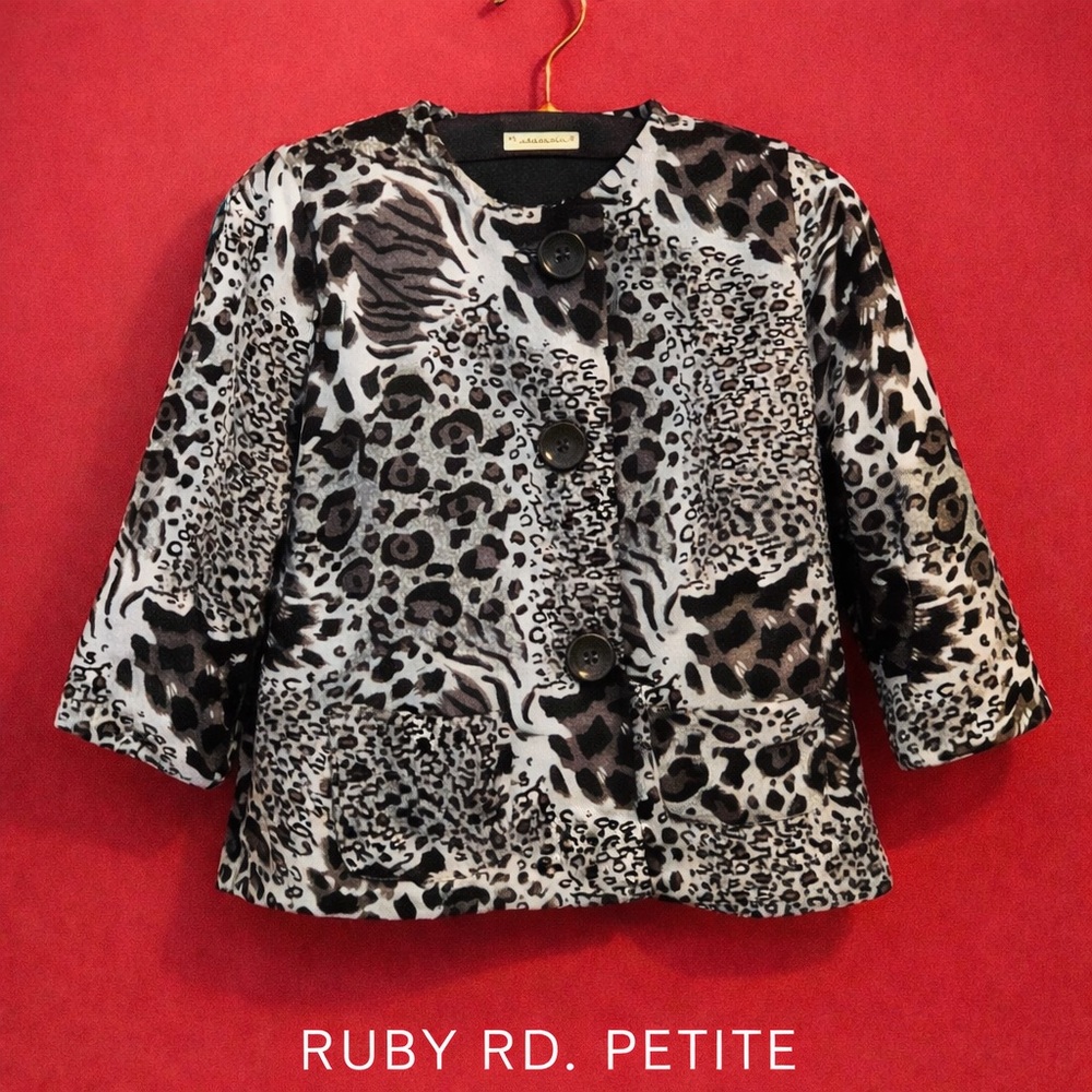 Ruby Rd Petite Black Gray Animal Print Velvet Feel Jacket Size 8P